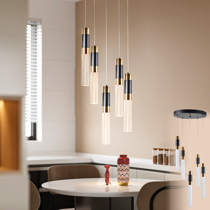 ONLYLUX 5-Light Modern Bubble Crystal Black and Gold Led Pendant Light Fixture Kitchen Island Pendant Lighting